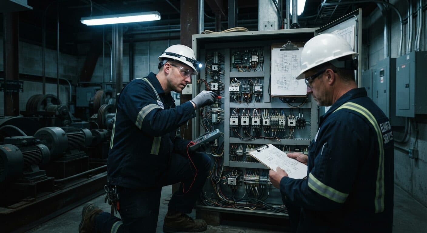 Techniciens contrôlant une armoire de commande en local machinerie